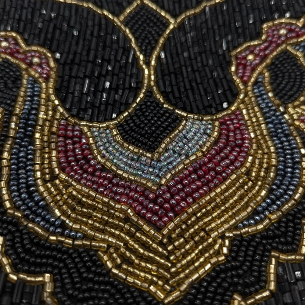 Vintage Small Fully Beaded Black Gold Red Zip Up Clutch Purse